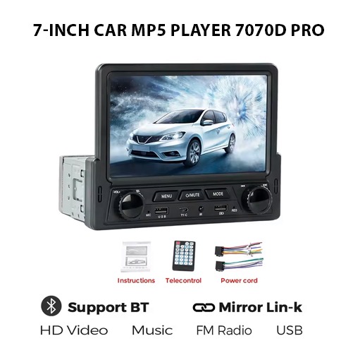 1-Din 7-inch Car MP5 Player 7070D Pro, with touchscreen interface and MirrorLink compatibility